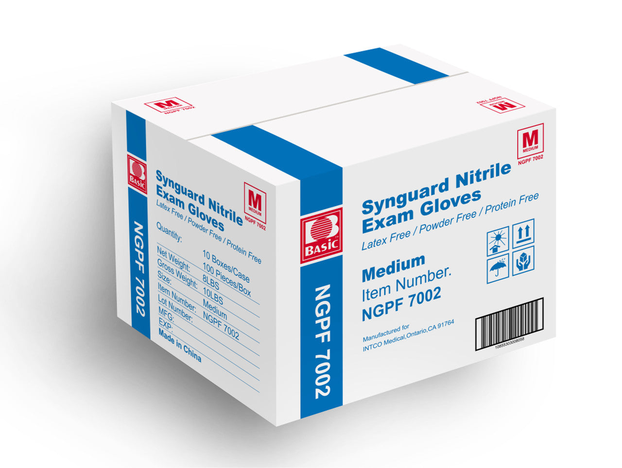 A case of 1000 Basic Synguard Blue Nitrile Exam Gloves, 3.5 mil thick, powder-free and ideal for medical and professional use.