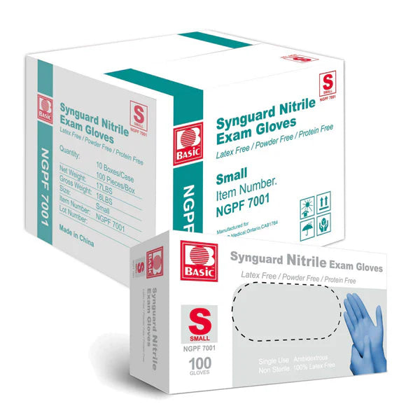 A case of 1000 Basic Synguard Blue Nitrile Exam Gloves size S, 3.5 mil thick, powder-free and ideal for medical and professional use.