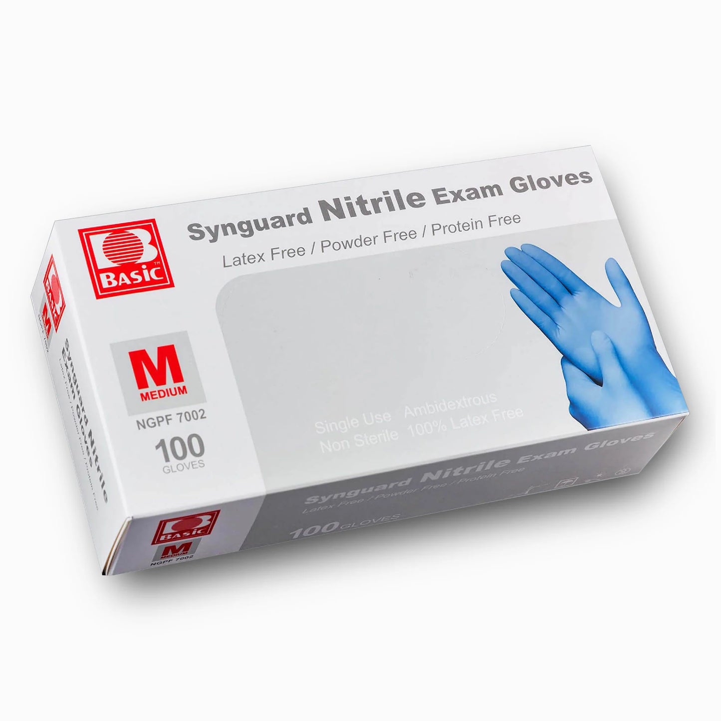 Front view of Synguard Blue Nitrile Exam Gloves box, powder-free, 3.5 mil thick, suitable for medical, dental, and general use.