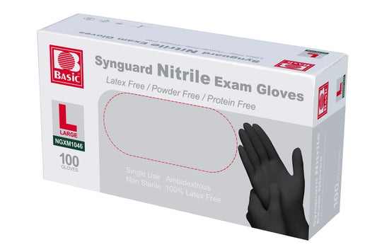 Box of Basic Synguard Black Nitrile Exam Gloves - 3.5 Mil, Powder-Free, Durable Protection