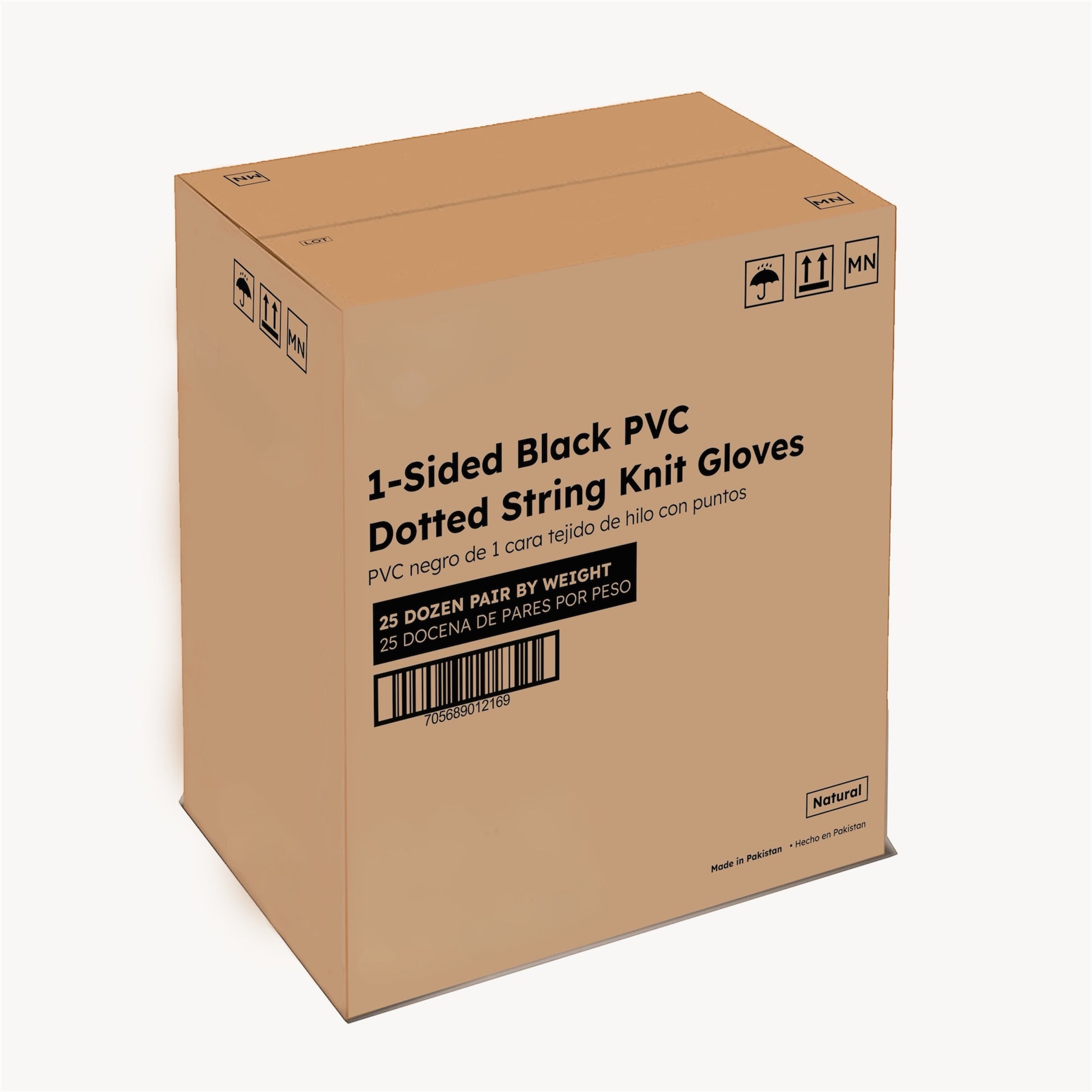 Box of 25 dozen 1-sided black dotted PVC string knit gloves – breathable, durable, and enhanced grip for industrial and general use.