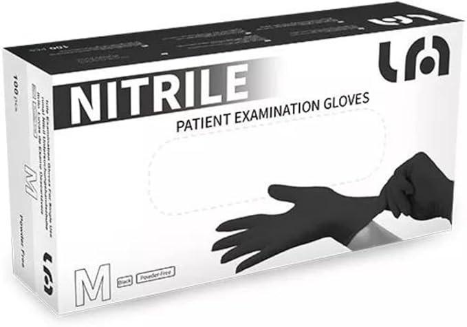 Box of black nitrile exam gloves, 4 mil thickness, powder-free, latex-free, designed for medical, industrial, and professional use.