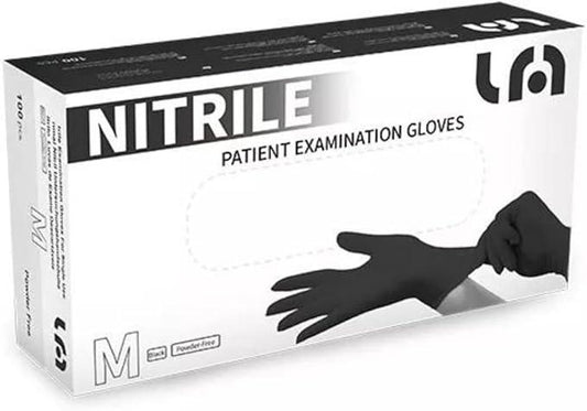 Box of black nitrile exam gloves, 4 mil thickness, powder-free, latex-free, designed for medical, industrial, and professional use.