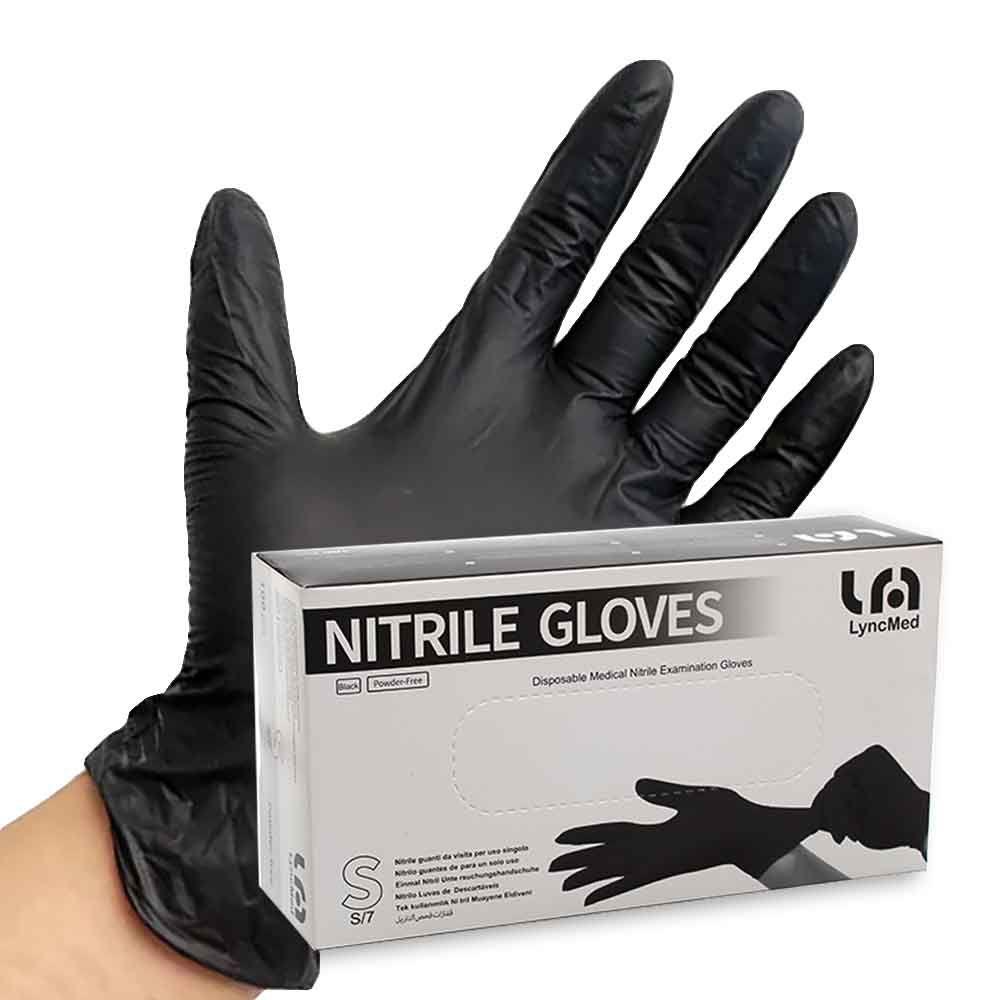 Box of black nitrile exam gloves, 4 mil thickness, powder-free, durable, and latex-free for medical, industrial, and general use.
